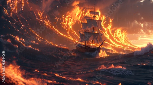 Title: A ship sails in the ocean with crazy waves made of molten lava, indicating extreme ocean heating. Global warming concept. photo