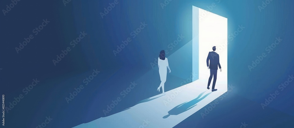 Businesswoman and businessman walking go to front of bright big shining door in the wall blue of the hole at light falls.