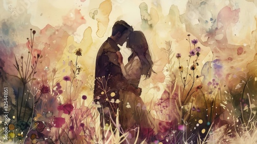 An ethereal watercolor couple sharing a kiss in a field of wildflowers