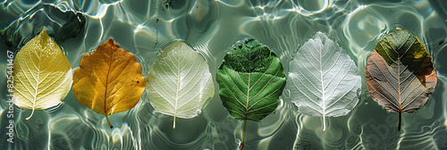 horizontal banner  macro photography of leaves of different colors floating in water  seasons