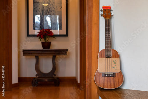 Ukulele with music Song Book in Home  photo