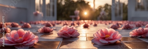A banner with a place for the text. Camellias scattered on the floor, golden sunset, tranquility, serenity. photo