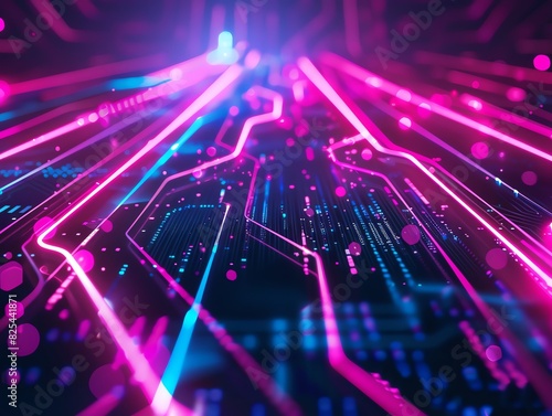 Abstract digital background with glowing neon lines and circuit board pattern.