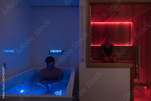 Blue-lit jacuzzi adjacent to a red sauna room photo