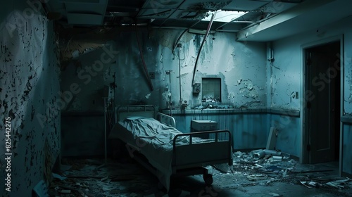 eerie abandoned hospital room with dim light debris and a sense of captivity and horror photo