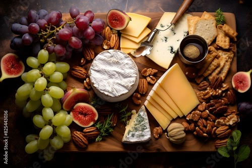 Elegant cheese platter with assorted fruits, nuts, and crackers.	Elegant cheese platter with assorted fruits, nuts, and crackers.