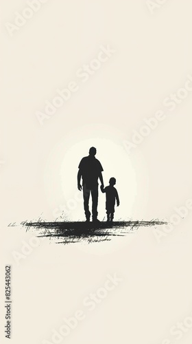 a high contrast's hand-drawn illustration in the minimalist style of a silhouette of a father and son walking together