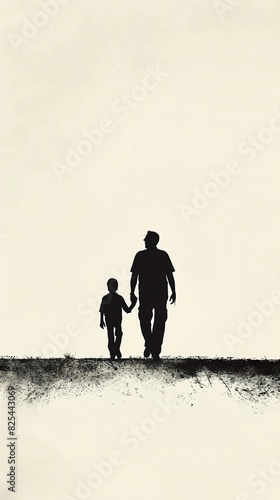 I need a high contrast's hand-drawn illustration in the minimalist style of a silhouette of a father and son walking together