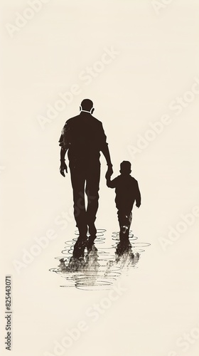 I need a high contrast's hand-drawn illustration in the minimalist style of a silhouette of a father and son walking together