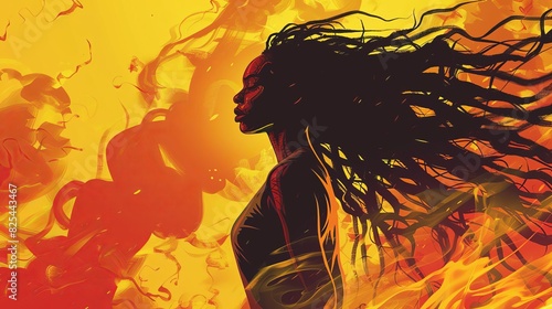 flaming african american woman supernatural and fiery with long hair walking through fire concept illustration photo