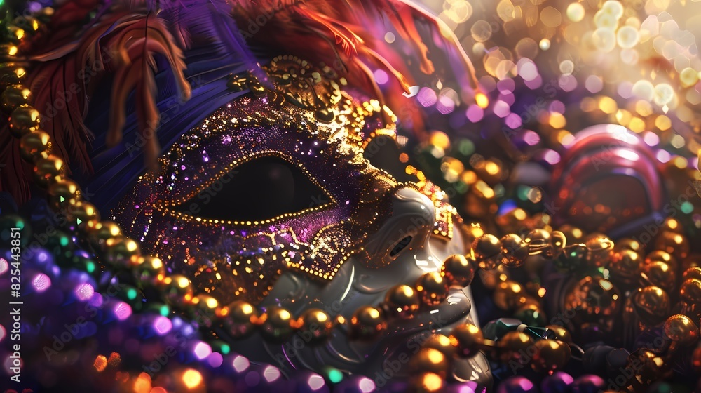 Illustrate a virtual tableau of glistening Mardi Gras beads and masks.