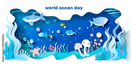 World Ocean Day poster with text  world ocean day  and underwater scene in paper cut style. Poster Design with sea and ocean animal  jellyfish  dolphins  fishes near the seashore