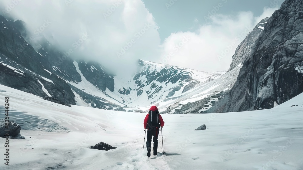 A travel scene with a hiker trekking through a snowy mountain pass. A travel scene with a hiker trekking through a snowy mountain pass.