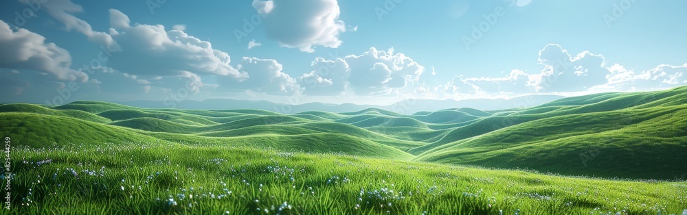 Green Hills in a Field Under Blue Sky