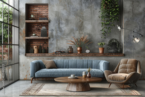 Living room interior in loft, industrial style, 3d render