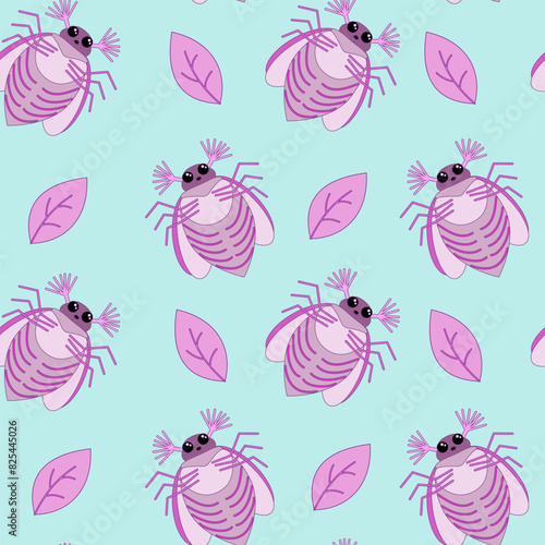 Seamless pattern of pink may bug, chafer and leaves on a blue background. Vector illustration