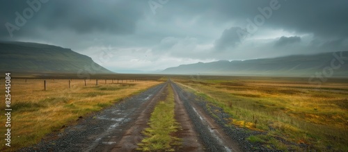 Dramatic view of pathway on agricultural field and moody sky in summer at Iceland