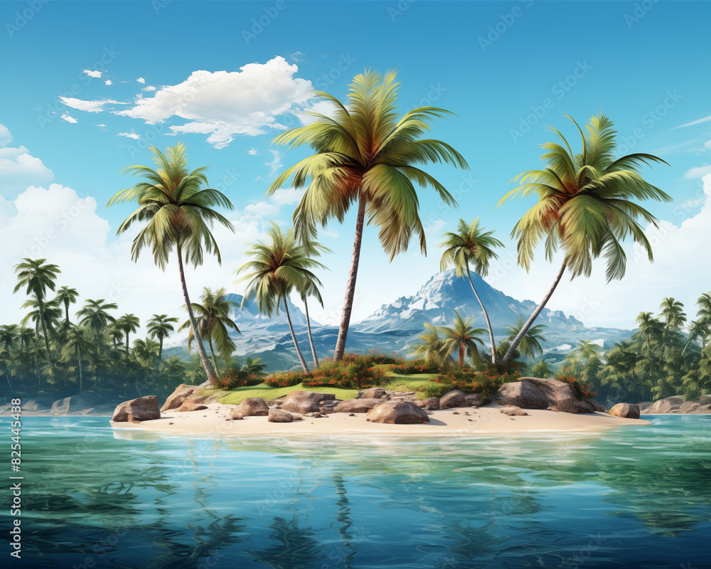 Sunny beach with palm trees. Tropical island and mountains. Exotic landscape. Paradise seascape. Vacation and rest concept. Realistic style.