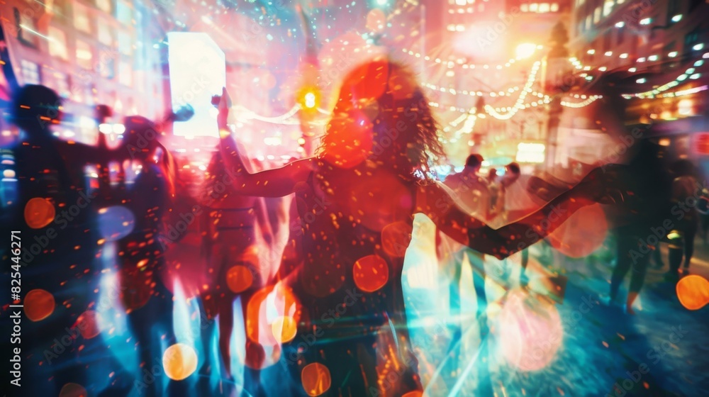 Double exposure of partygoers with city lights for urban party.