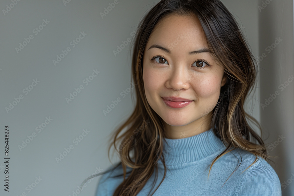 Portrait of a smiling woman in a blue sweater against a blue background. Portrait of a smiling woman in a blue sweater against a blue background.