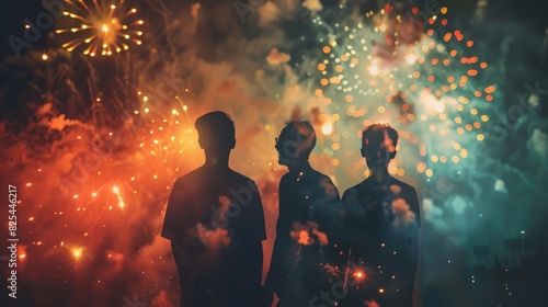 Double exposure of partygoers with dazzling fireworks for New Year s Eve.