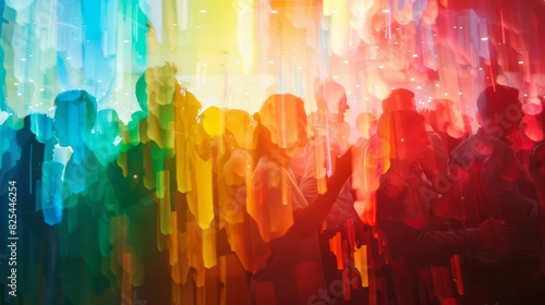 Double exposure of party scenes with rainbow colors for pride.