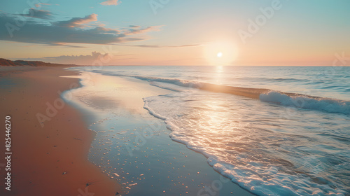 A photo featuring a tranquil sunrise over a deserted beach. Highlighting the first light of day and the calm, reflective waters, while surrounded by long shadows and the soft sound of waves © CanvasPixelDreams