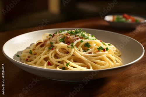 Classic Italian pasta dish with spaghetti  pancetta  and fresh herbs.