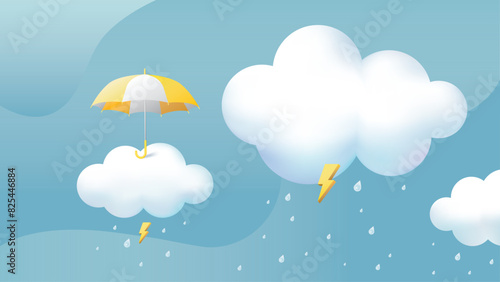 Monsoon season sale banner, umbrella and clouds background with thunder