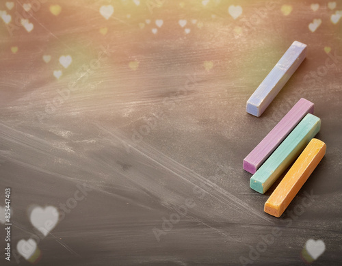 A school chalkboard with colorful chalks on bokeh background with heart shaped lights photo