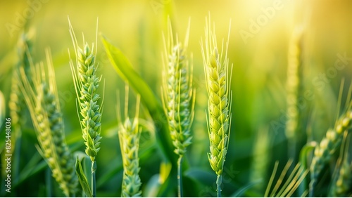 macro close up of fresh ears of young green wheat in spring field agriculture scene