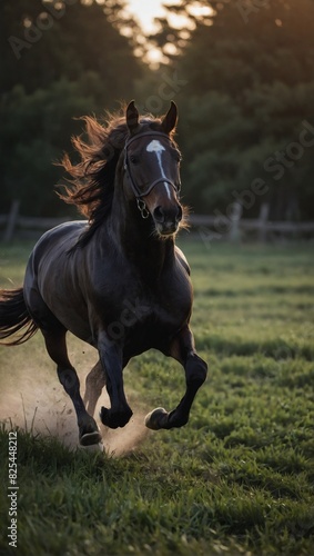 Dark Horse Galloping Across the Field