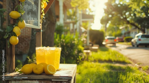 Rustic lemonade stand featuring ice-cold beverages vibrant lemons and a handwritten sign exuding summer vibes in a peaceful neighborhood setting