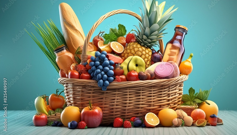 Shopping basket full of groceries, food and drink; light blue background Shopping basket full of groceries, food and drink; light blue background