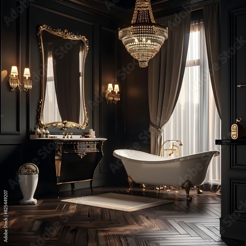 A luxurious Art Deco bathroom with dark walls  white bathtub and gold accents