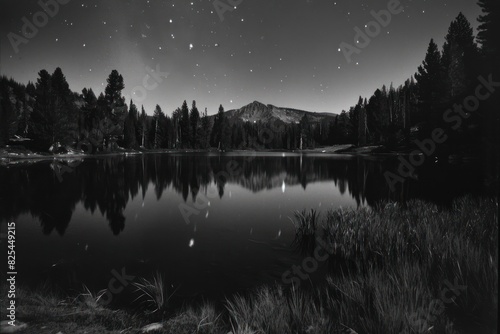 A black and white photo of a lake at night with stars in the sky