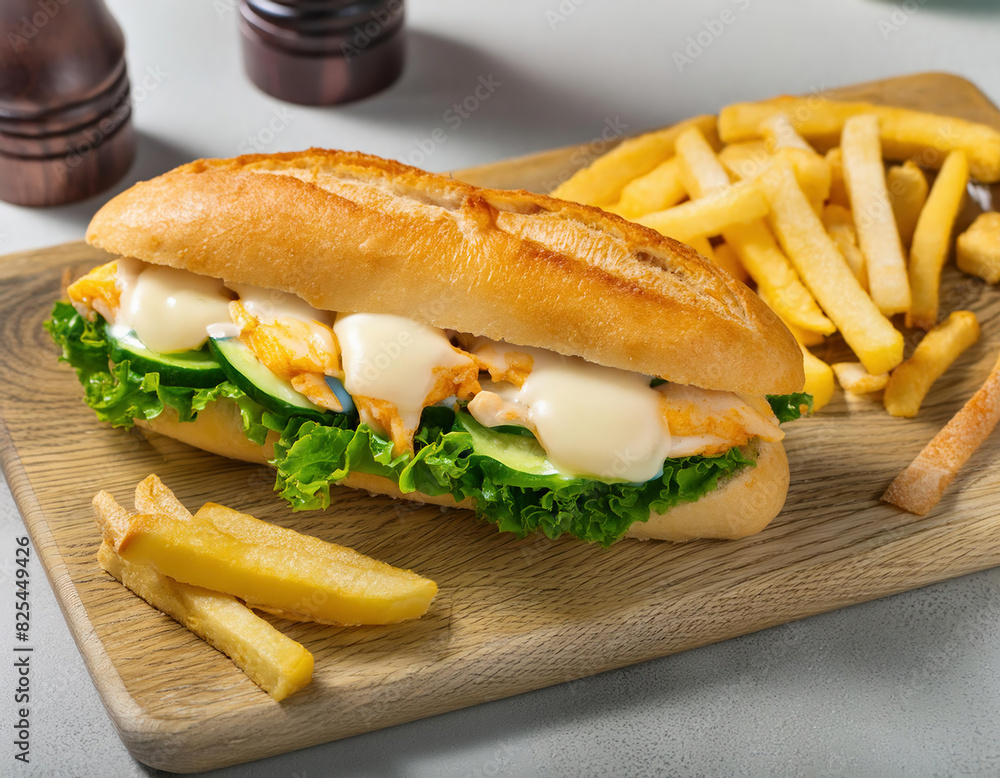 sandwich with melted cheese vegetables and fries served on a submarine roll sandwich with melted cheese vegetables and fries served on a submarine roll