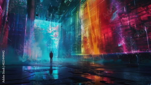 A man stands in a cityscape with neon lights and a colorful sky