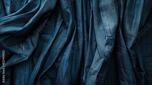 close up view of dark blue curtain in thin and thick vertical folds made of black out sackcloth fabric panoramic view of drapery use as background abstract theatre backgrounds and wall photo