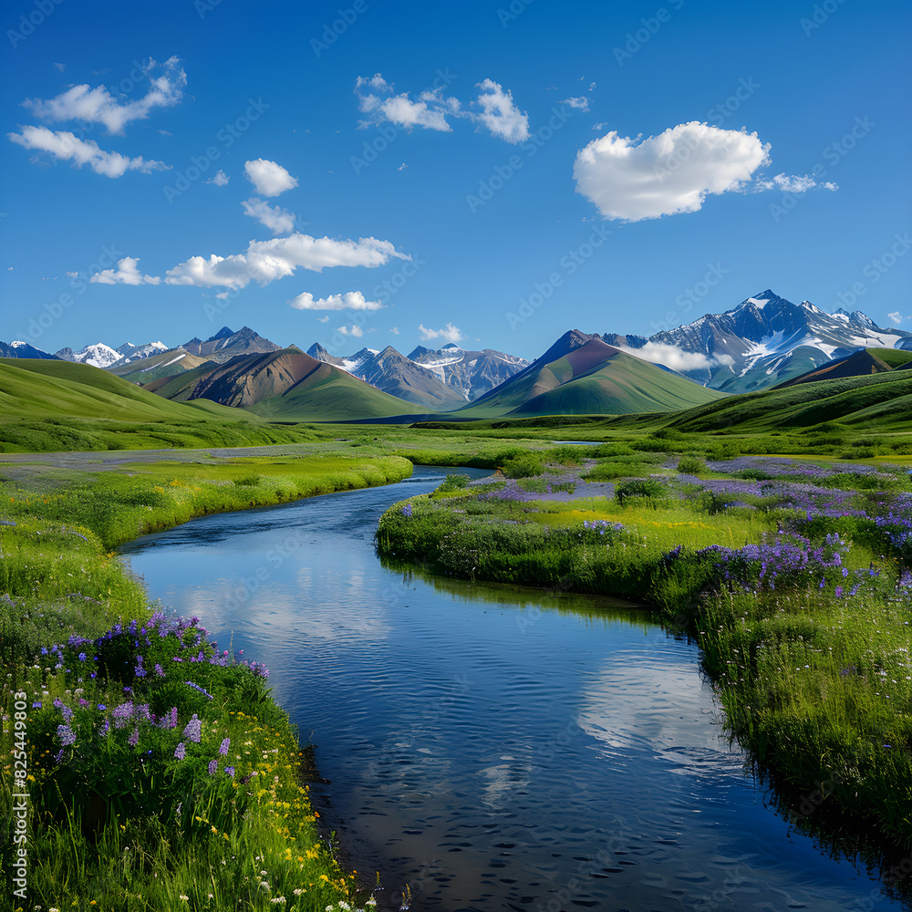 Serene Landscape with Rolling Hills, River, and Snow-Capped Mountains Under a Clear Blue Sky