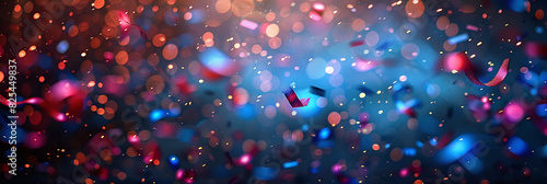 horizontal banner, red and blue confetti in the air, bokeh lights, cool channel header photo