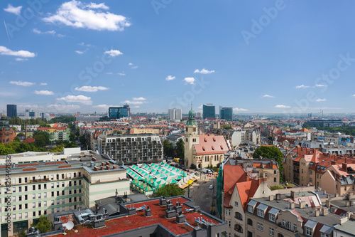Obraz na płótnie Summer skyline cityscape of district Wilda in Poznań, Poland. Wide panoramic aerial view. Church and Wilda market (Rynek Wildecki) w salonie