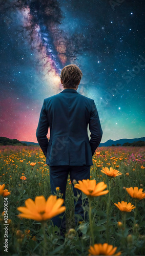 Elegant portrait of a man standing amidst a vibrant and colorful field of flowers with a sky full of stars and galaxies © The A.I Studio