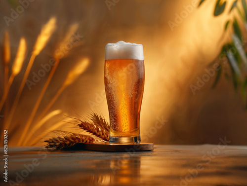 Bicchiere di birra bionda con schiuma, luppolo e spighe su sfondo naturale, piano in legno rustico, atmosfera calda photo