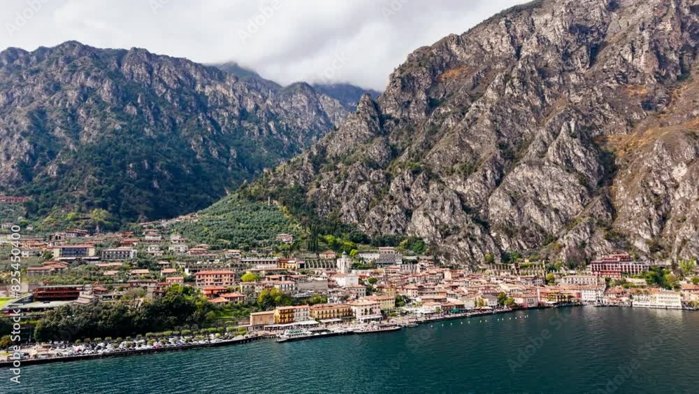 Limone sul Garda, Italian town on Lake Garda. Aerial view of Lake Garda popular holiday location in Italy Limone sul Garda, Italian town on Lake Garda. Aerial view of Lake Garda popular holiday location in Italy