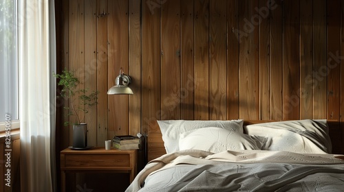 Wooden Home Bedroom Interior with Bed

