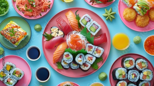 Table Set With Sushi and Vegetable Plates