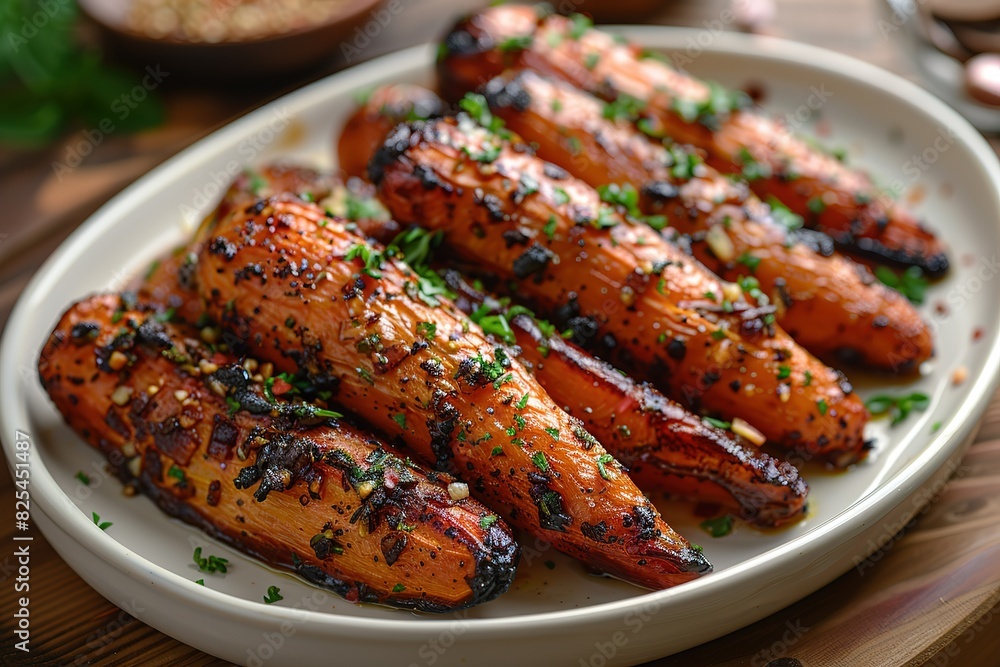 A plate of roasted carrots with parsley on top A plate of roasted carrots with parsley on top
