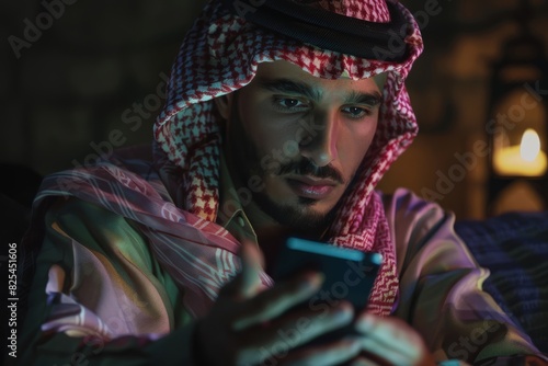 Saudi Man Engrossed in Smartphone at Night © Raad