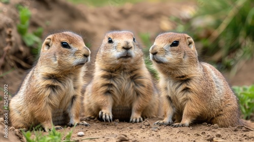 Close-up of three young black-tailed prairie dogs © Ahtesham